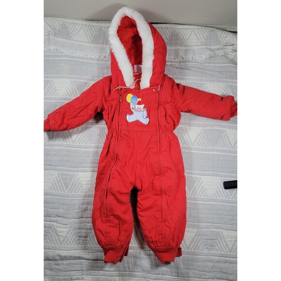 Vintage Heart Warmers Baby Snowsuit 6–12M Red Bear Embroidered Winter Bunting Su - Picture 1 of 6